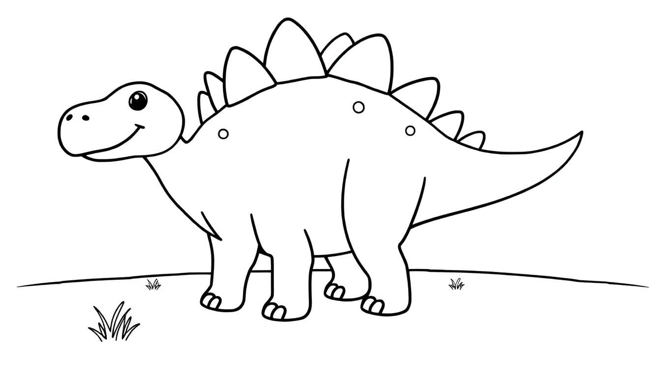 Un estegosaurio sonriente y amigable en blanco y negro, listo para ser coloreado, con grandes placas en su espalda y púas en su cola.