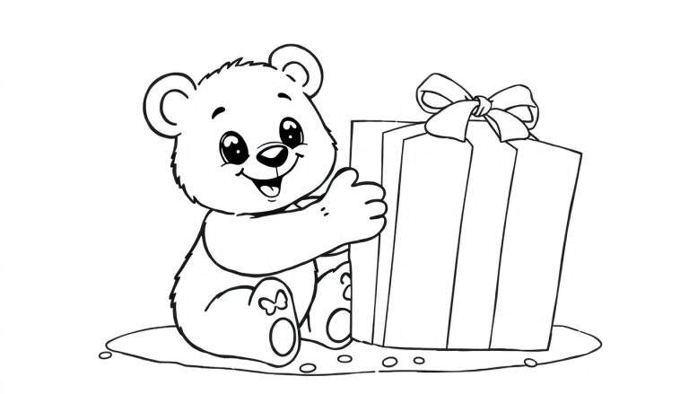 Un dibujo lineal de un oso de peluche feliz recibiendo un regalo, listo para colorear.