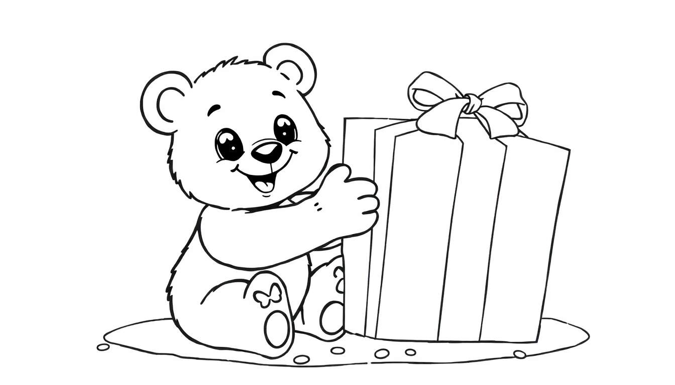 Un dibujo lineal de un oso de peluche feliz recibiendo un regalo, listo para colorear.