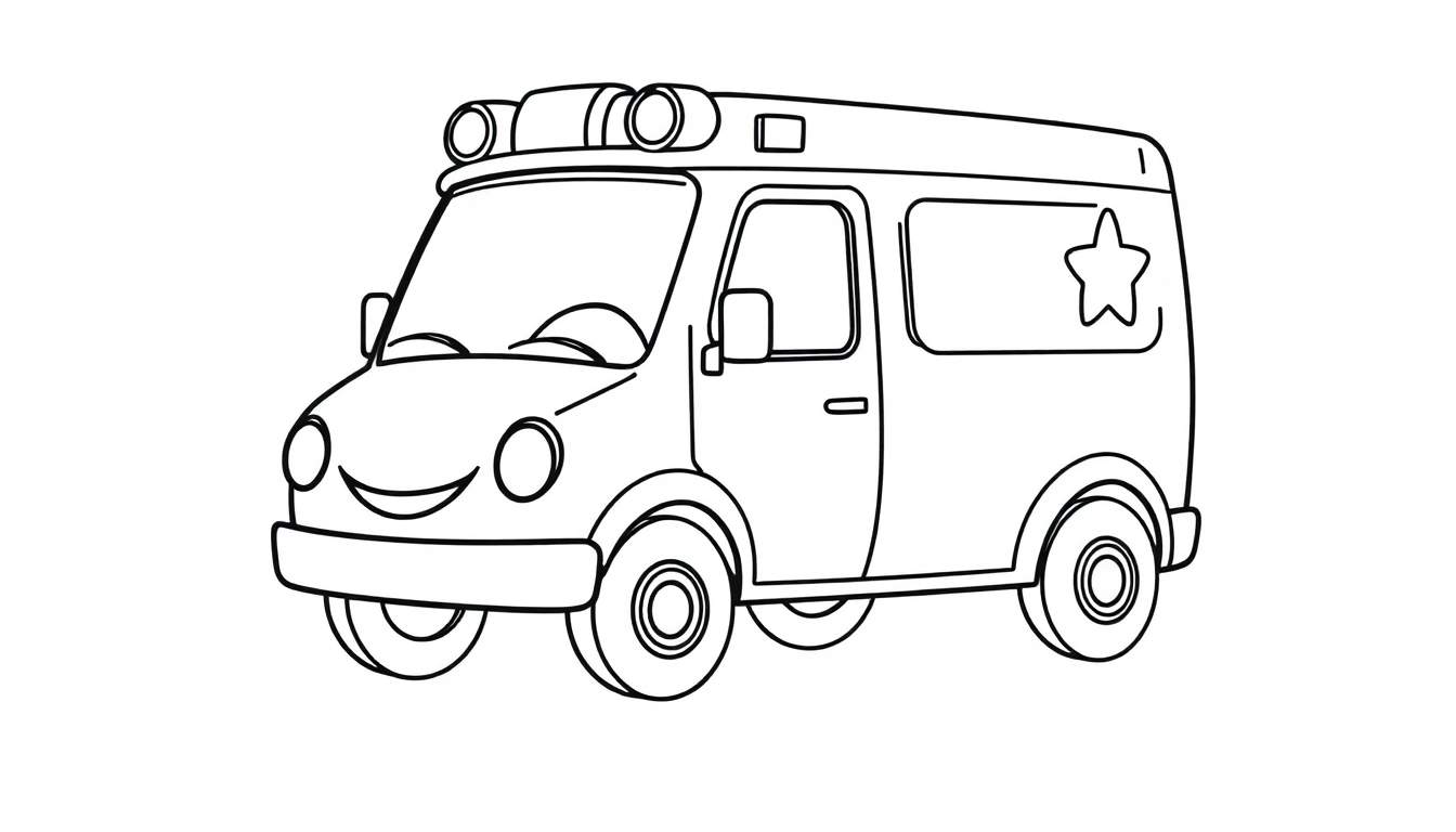 Ambulancia de dibujos animados para colorear con cara sonriente y luces de emergencia, página para colorear con placa de color.