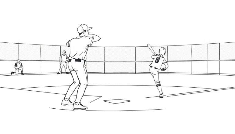 Un dibujo a lápiz de un partido de béisbol con un lanzador y un bateador, listo para la acción en una placa de color.