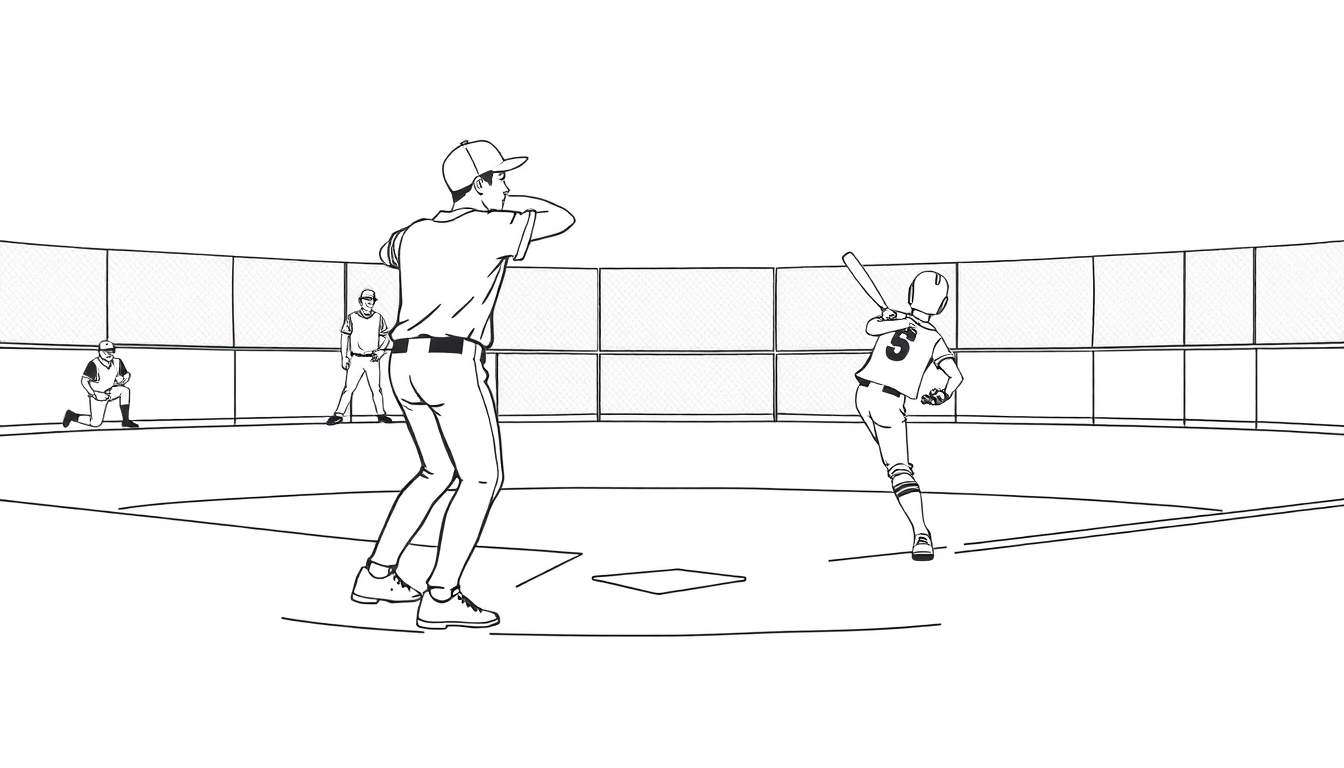 Un dibujo a lápiz de un partido de béisbol con un lanzador y un bateador, listo para la acción en una placa de color.