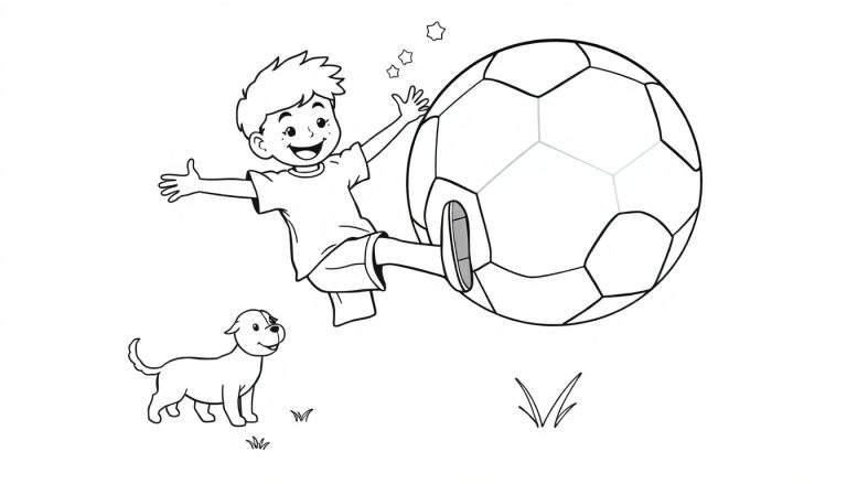 Placa de color de un niño feliz pateando una pelota de fútbol gigante con un perro observando.