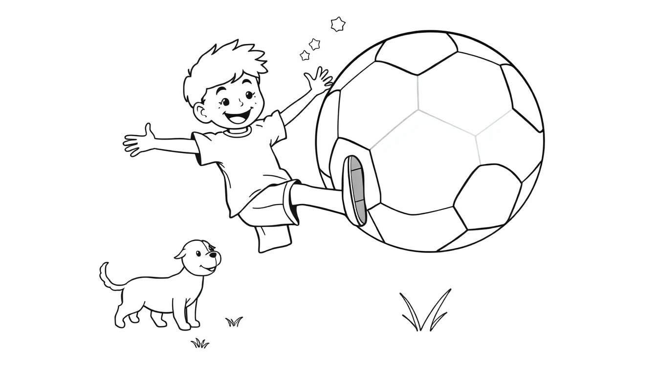 Placa de color de un niño feliz pateando una pelota de fútbol gigante con un perro observando.