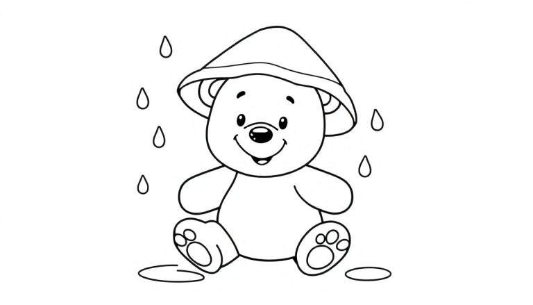 Placa de color de un oso de peluche feliz bajo la lluvia con un sombrero.