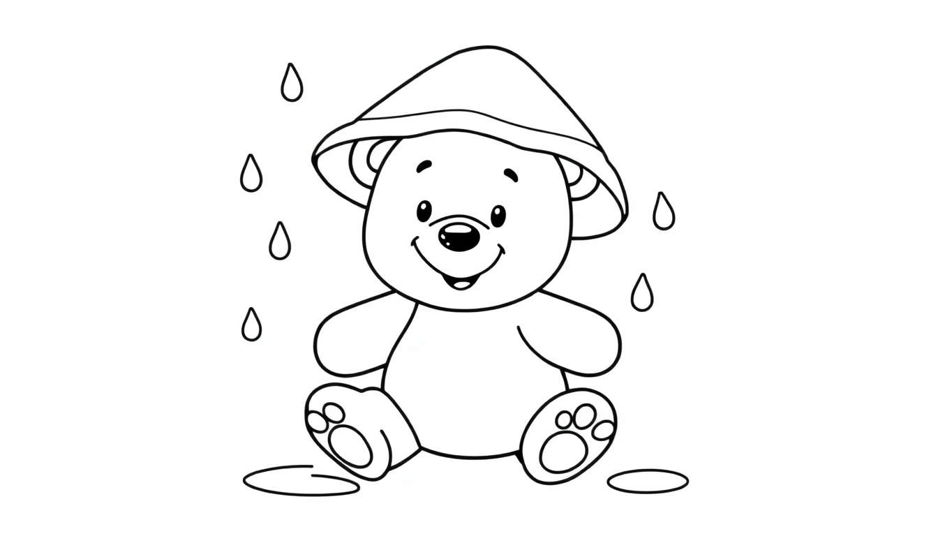 Placa de color de un oso de peluche feliz bajo la lluvia con un sombrero.