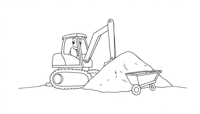 Una excavadora sonriente y una carretilla en un sitio de construcción, lista para ser coloreada, mostrando la placa de color.