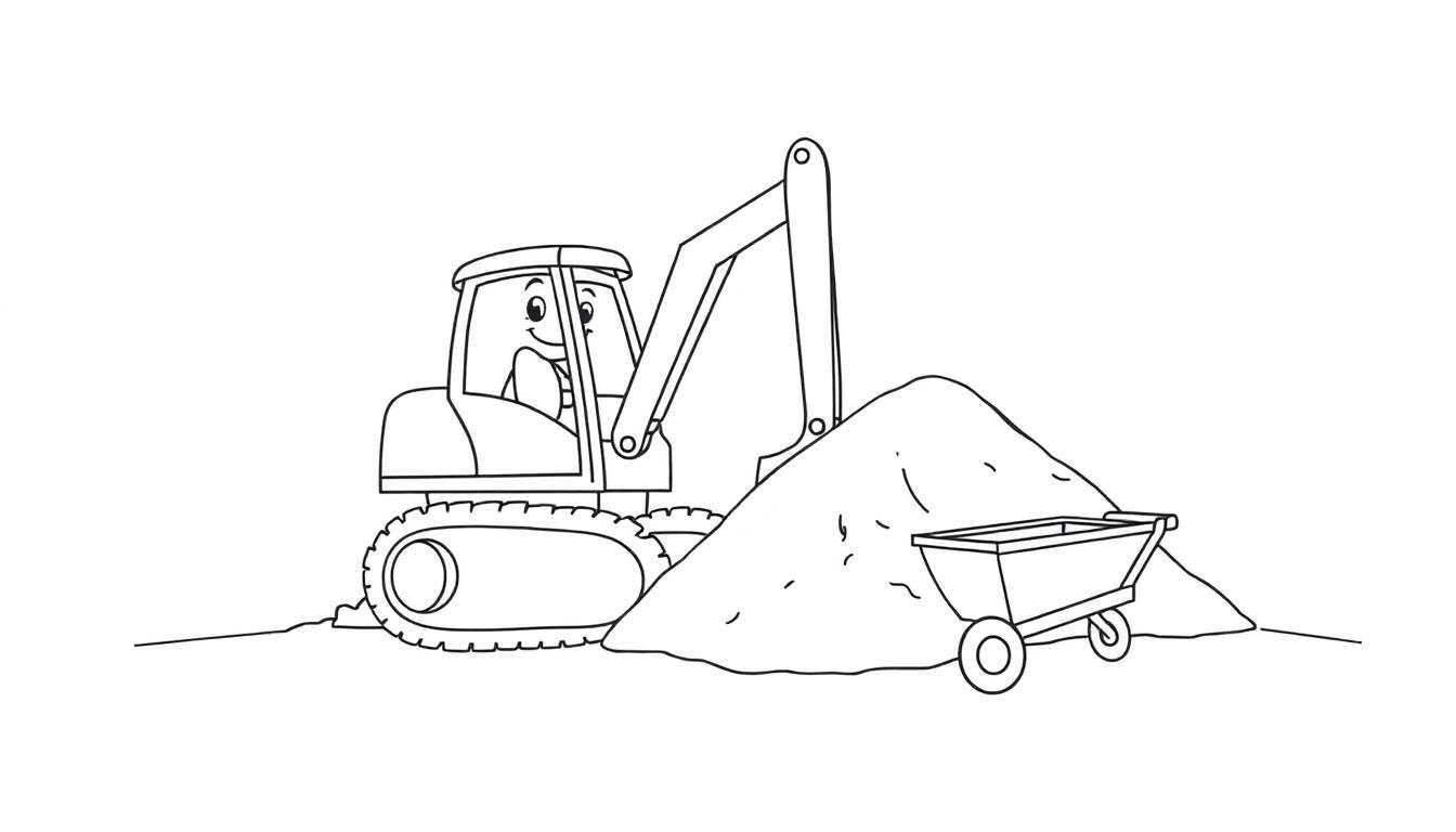 Una excavadora sonriente y una carretilla en un sitio de construcción, lista para ser coloreada, mostrando la placa de color.
