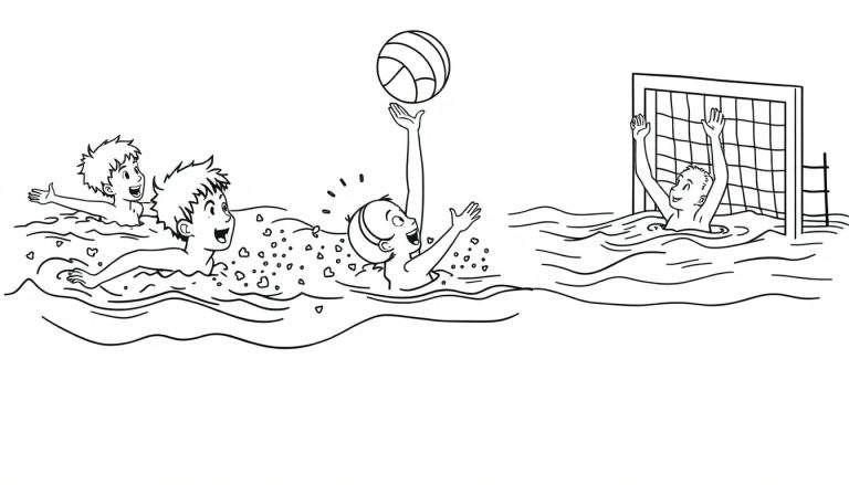 Niños jugando waterpolo, listos para colorear en la placa de color.