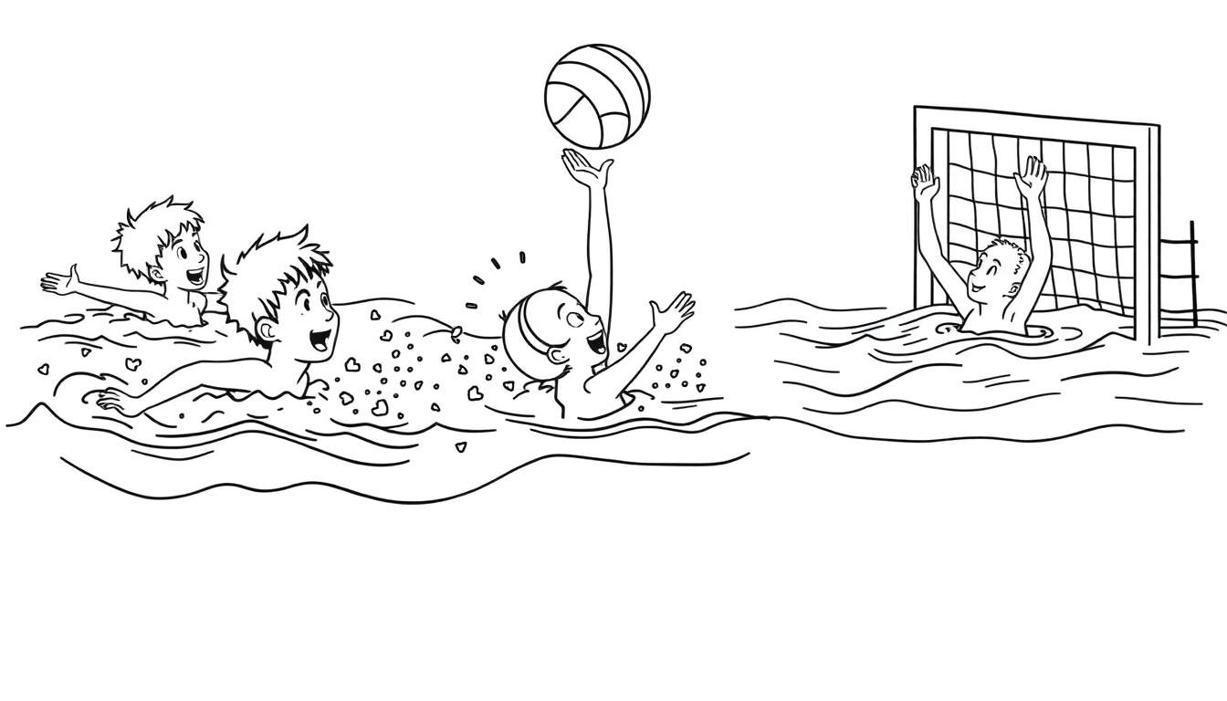 Niños jugando waterpolo, listos para colorear en la placa de color.
