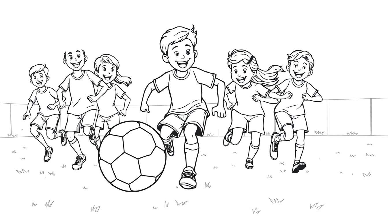 Placa de color de niños jugando al fútbol, sonriendo y corriendo en un campo de hierba.