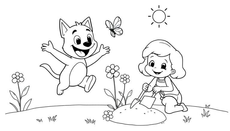 Placa de color de Bluey y Bingo jugando en el jardín.