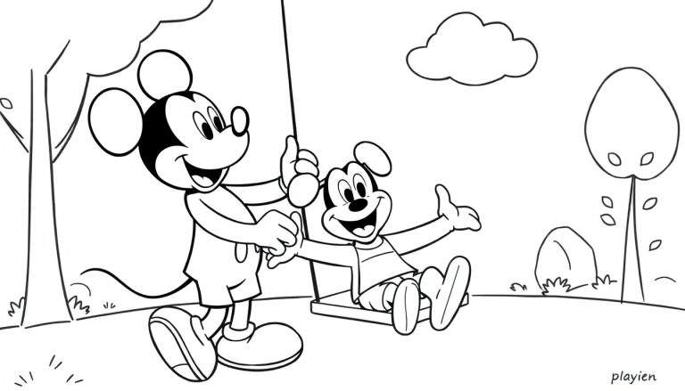 Placa de color de Mickey Mouse empujando a Pluto en un columpio.