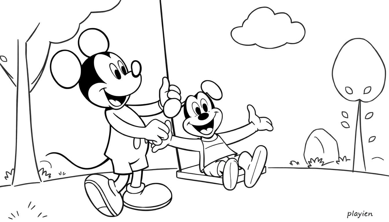 Placa de color de Mickey Mouse empujando a Pluto en un columpio.