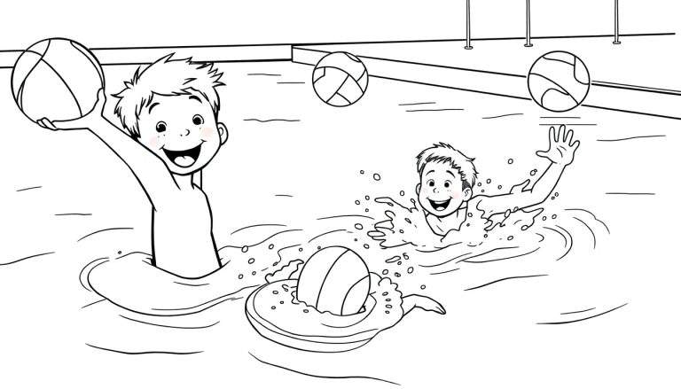 Dos niños jugando al waterpolo en una piscina, uno con un balón y otro nadando, listo para colorear en la placa de color.