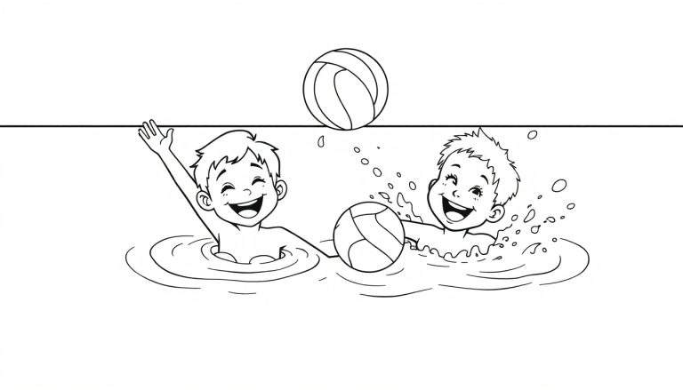 Placa de color de niños jugando en el agua con una pelota.