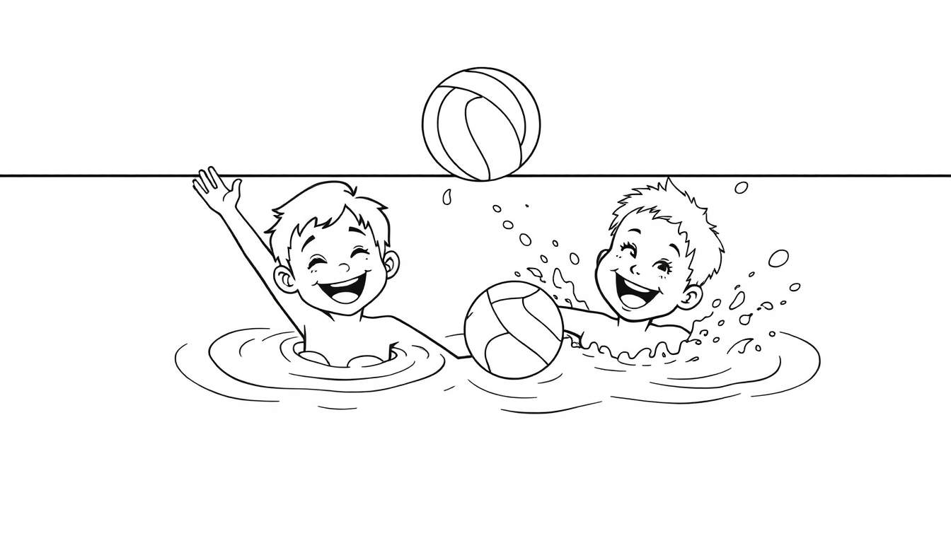 Placa de color de niños jugando en el agua con una pelota.