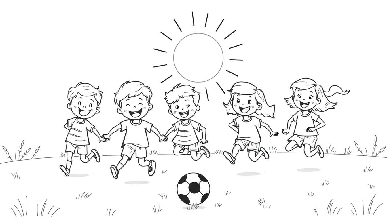 Placa de color de niños jugando al fútbol en un campo soleado.