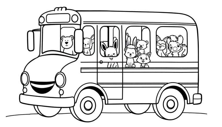 Placa de color de un autobús escolar de dibujos animados lleno de animales felices yendo a la escuela.