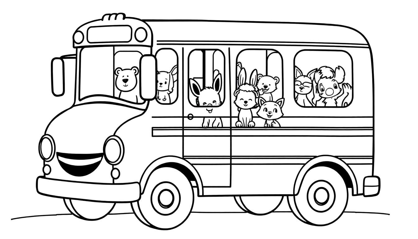 Placa de color de un autobús escolar de dibujos animados lleno de animales felices yendo a la escuela.