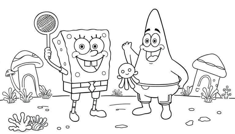 Bob Esponja y Patricio jugando en la playa, página para colorear de la placa de color.