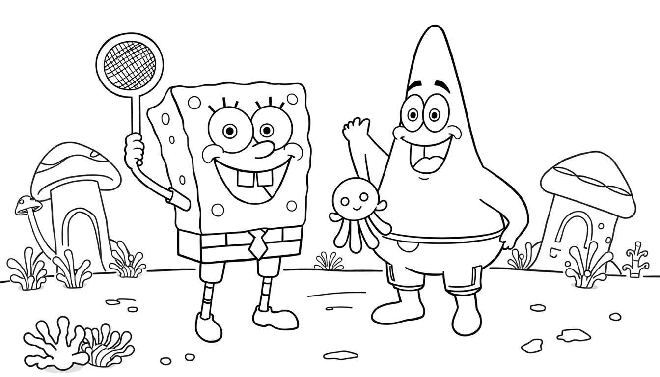 Bob Esponja y Patricio jugando en la playa, página para colorear de la placa de color.