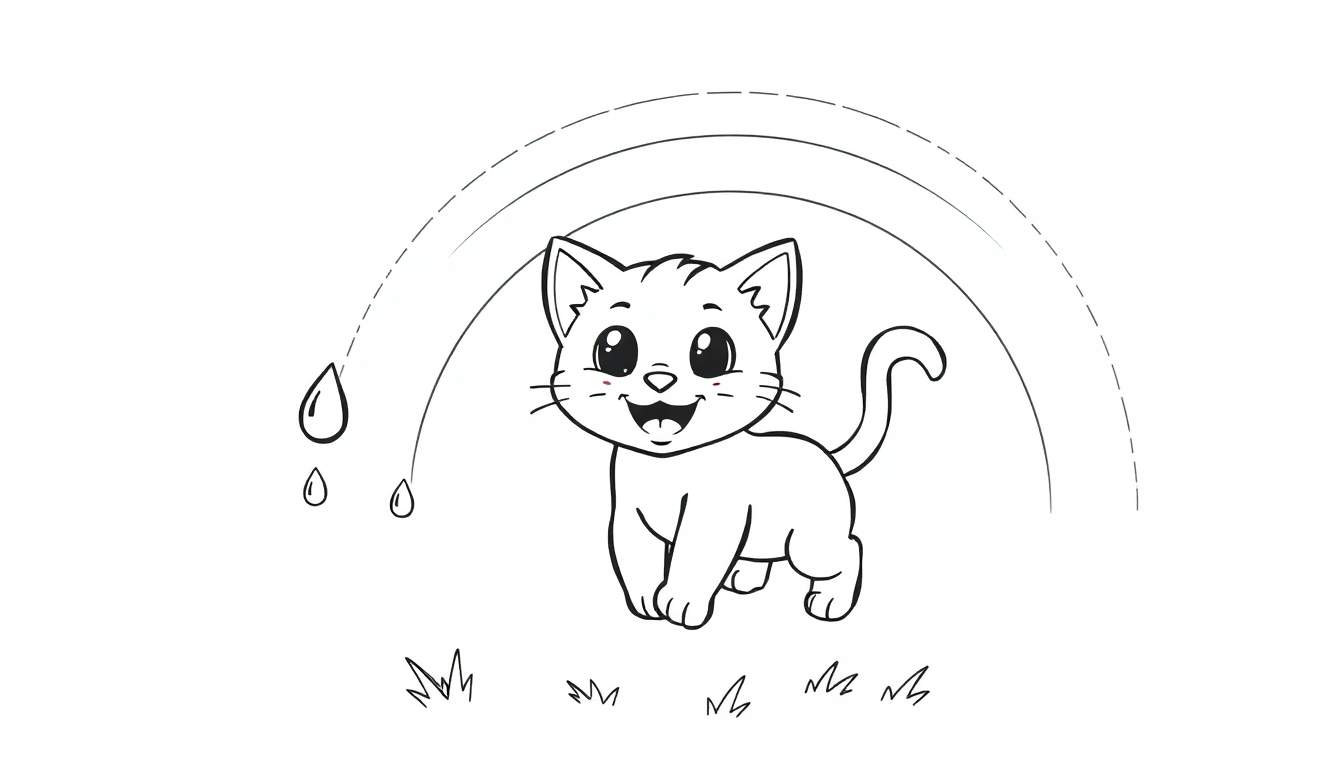 Placa de color de un gato de dibujos animados feliz bajo un arcoíris.
