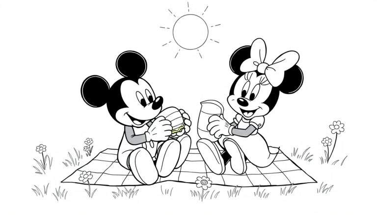 Placa de color de Mickey y Minnie Mouse en un picnic.