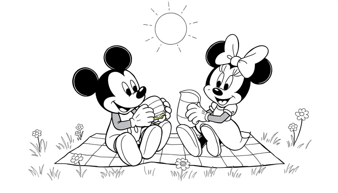 Placa de color de Mickey y Minnie Mouse en un picnic.