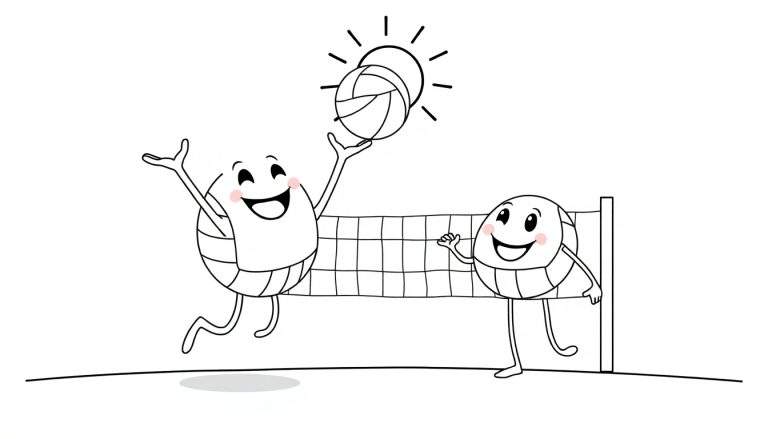 Placa de color de dos balones de voleibol sonrientes jugando al voleibol bajo el sol.
