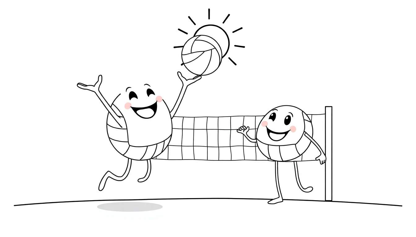 Placa de color de dos balones de voleibol sonrientes jugando al voleibol bajo el sol.