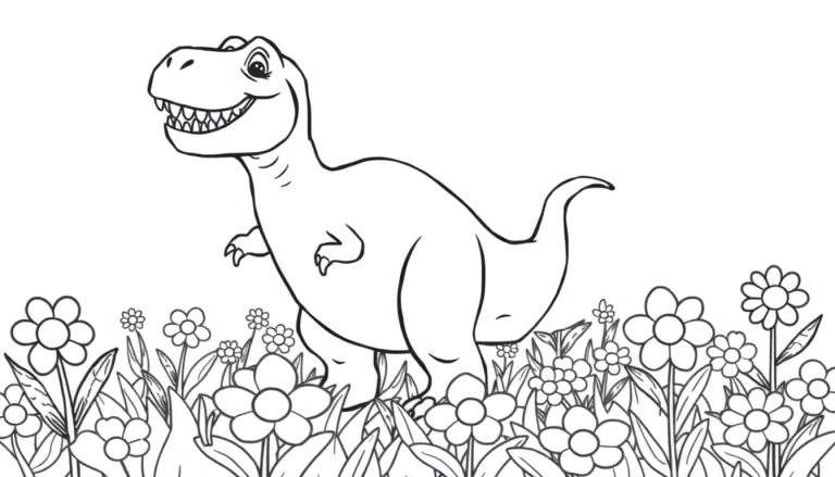Placa de color de un Tiranosaurio Rex amistoso en un campo de flores.
