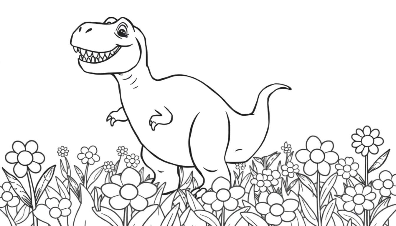 Placa de color de un Tiranosaurio Rex amistoso en un campo de flores.