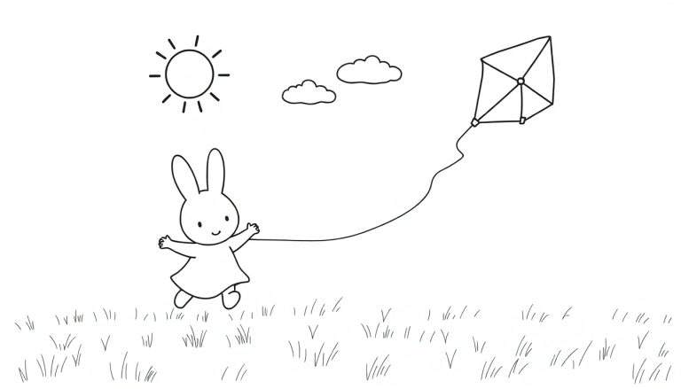 Placa de color de Miffy volando una cometa en un día soleado.