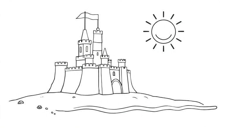 Placa de color de un castillo de arena sonriente en la playa con una bandera