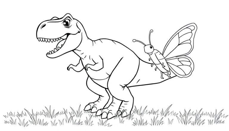 Placa de color de un T-Rex amigable persiguiendo una mariposa.