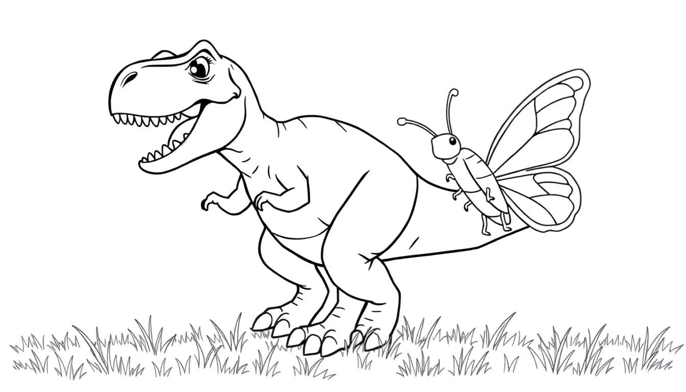 Placa de color de un T-Rex amigable persiguiendo una mariposa.