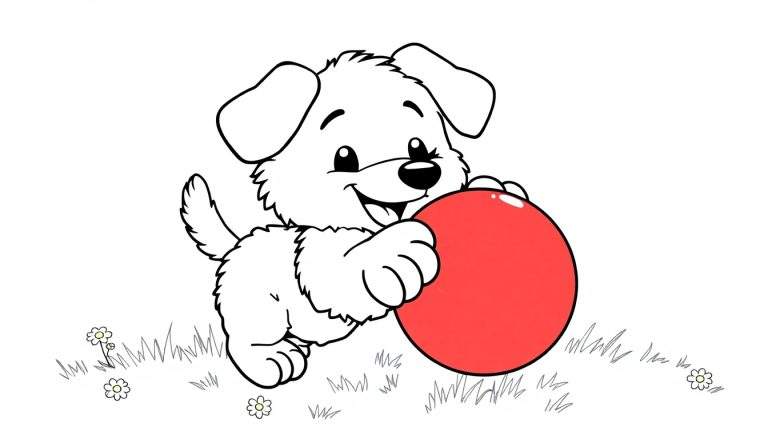 Placa de color de un cachorro blanco feliz jugando con una pelota roja sobre hierba verde y flores blancas.