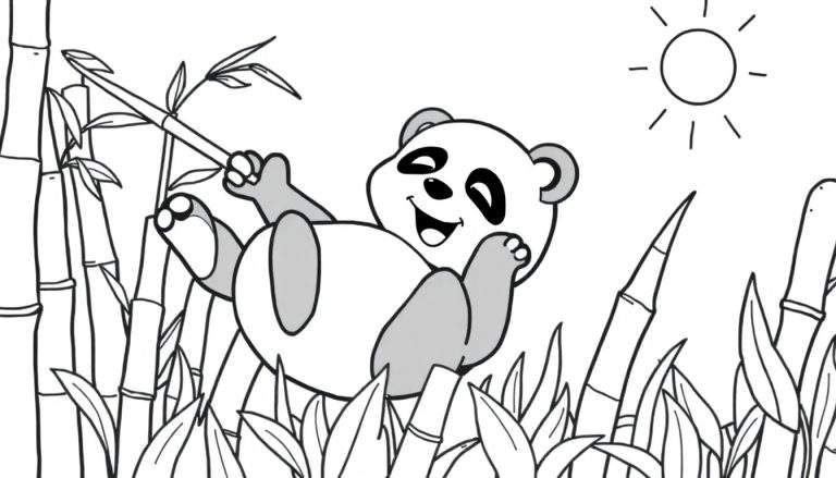Placa de color de un panda feliz jugando con bambú bajo el sol.