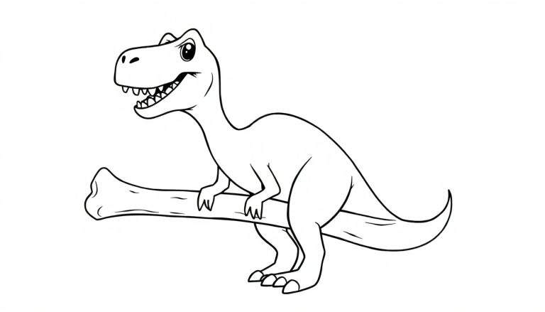 Placa de color de un dinosaurio T-Rex amigable jugando con un hueso.