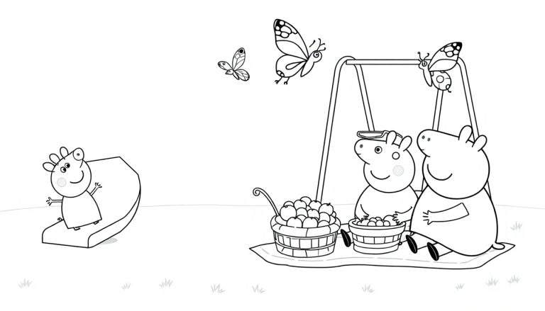 Placa de color de Peppa Pig y su familia disfrutando de un día de campo.