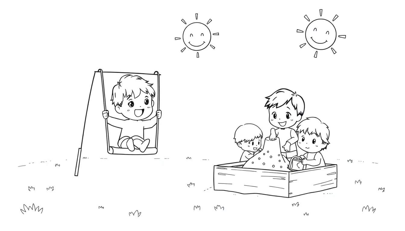 Página para colorear de adorables personajes Chibi jugando en un parque soleado, un niño en un columpio y otros en una caja de arena.