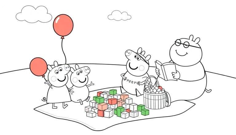 Dibujo lineal de la familia Peppa Pig haciendo un picnic en un campo, listo para ser coloreado. Incluye un área para la placa de color.