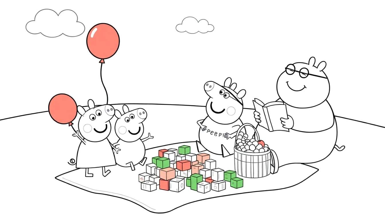 Dibujo lineal de la familia Peppa Pig haciendo un picnic en un campo, listo para ser coloreado. Incluye un área para la placa de color.
