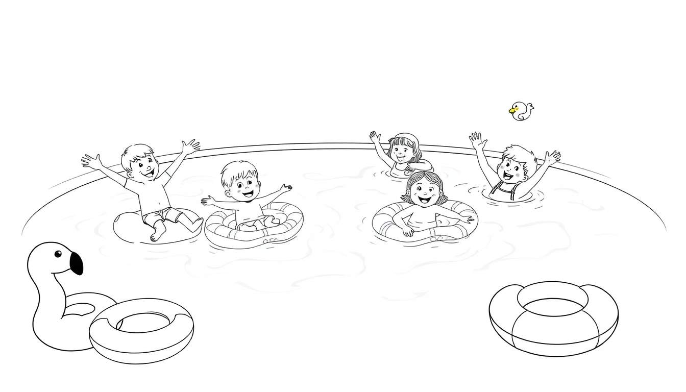 Placa de color de niños divirtiéndose en la piscina con juguetes.