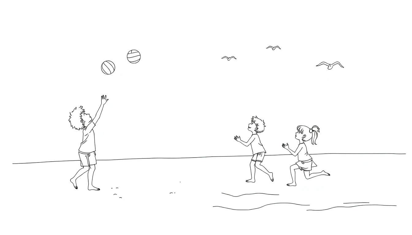Placa de color para colorear de niños jugando voleibol en la playa.