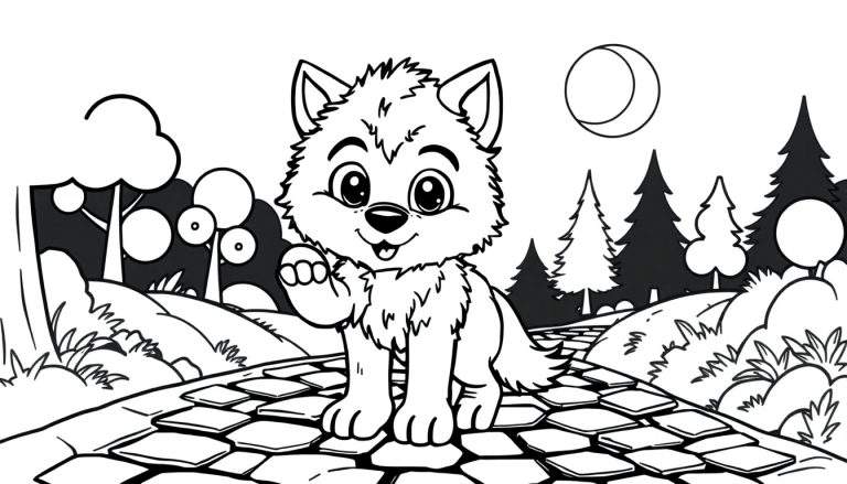 Un cachorro de lobo amigable en blanco y negro, listo para ser coloreado, levantando una pata como saludo, con un camino de piedra y árboles de cuento de hadas detrás. Una placa de color para la diversión.