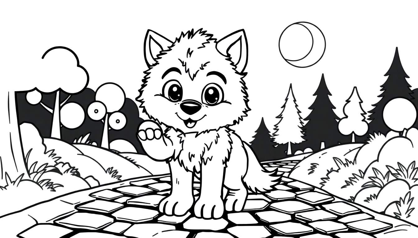 Un cachorro de lobo amigable en blanco y negro, listo para ser coloreado, levantando una pata como saludo, con un camino de piedra y árboles de cuento de hadas detrás. Una placa de color para la diversión.