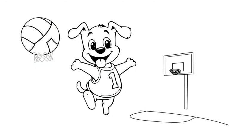 Un perro caricaturesco saltando para anotar una canasta de baloncesto en blanco y negro para colorear en una placa de color.