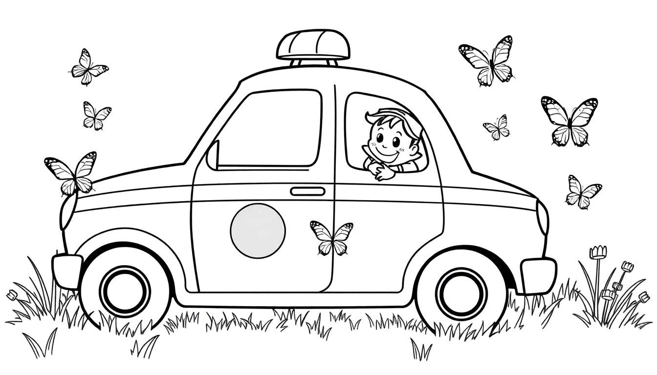 Niño saludando desde un coche de policía listo para colorear, con mariposas volando alrededor.